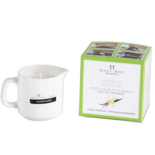 BEAUTY IMAGE Vela de Masaje Vainilla - Grande - Energizante. Mantecas Vegetales, Vainilla y Cacao. [80 gr de 4 a 5 Masajes de Cuerpo Entero]. Aceite Caliente para Masaje Profesional Cover