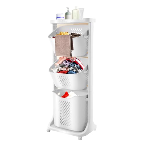 3 Tier Rolling Laundry Basket with Shelf,Stacked Laundry Basket Organizer,Laundry Basket with 4 Wheels,Tiered Laundry Sorter for Bathrooms Dormitories Laundry Rooms