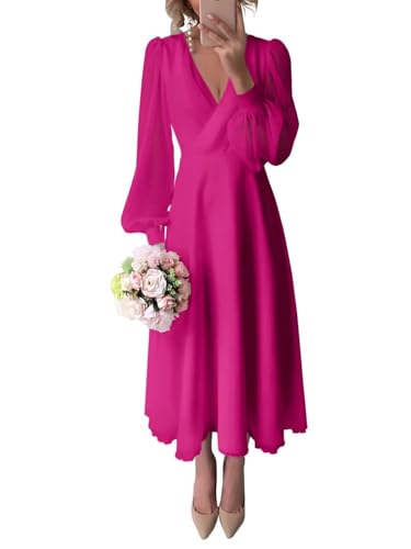Chiffon Long Sleeve Bridesmaid Dresses A Line Tea Length Wedding Guest Dress for Women V Neck Formal Gown