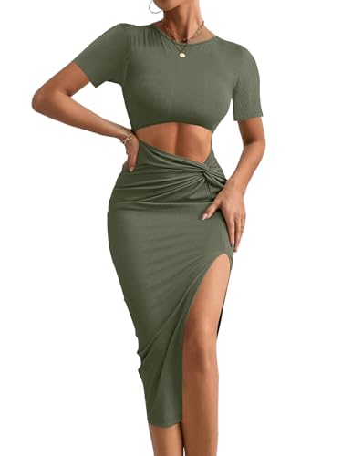 Image of Rooscier Women's Twist Cutout Waist Split Crewneck Short Sleeve Bodycon Midi Dress