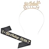 Nenluny Metal Princess Rhinestone Birthday Bitch Headband Bitch Sash Black Golden Glitter Satin Sash for Birthday Party Decorations