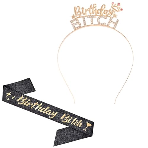 Nenluny Metal Princess Rhinestone Birthday Bitch Headband Bitch Sash Black Golden Glitter Satin Sash for Birthday Party Decorations