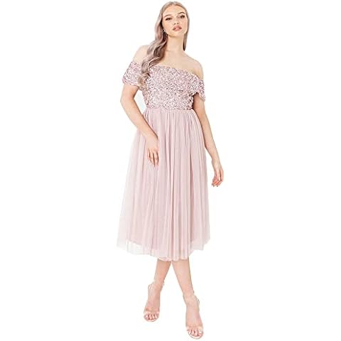Maya Deluxe Damen Maya Deluxe Women's Bardot Dresses for Women Midi High Empire Waist Sequins Embellished Formal Eveni Bridesmaid Dress Cover