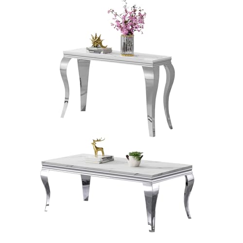 Image of Luxury Coffee Table Set of 2, Rectangular Coffee Table with Sofa Console Table, Modern 2 Piece Living Room Table Set with Faux Marble Top & Silver Stainless Steel S Legs for Apartment Home Office