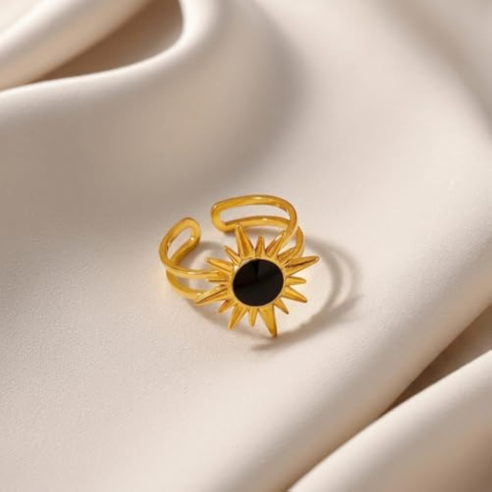Sunburst Black Stone Adjustable Ring for Men, Minimalist