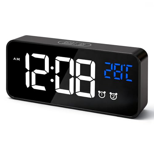 TAVADA Sveglia da comodino Portatile,Sveglia Digitale,Orologio Digitale LED con Termometro,2 Sveglie,13 Tonalità,Controllo Vocale,4 Livelli Luminosità,Funzione Snooze,Formato 12/24h (Nero)