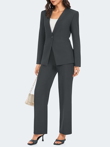 Women's 2 Piece Business Casual Outfits Collarless Blazer Jacket Wide Leg Work Pants Dressy Suit Set3