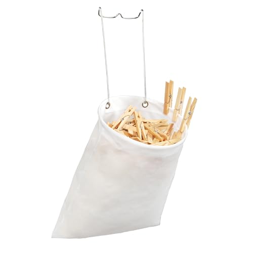 Smart Design Clothespin Bag Holder w/Hanging Hook - Non-Woven Material - for Outdoor Clothesline Cord, Clothes, Arts, Crafts - Home Organization (13 x 11 Inch) [White]