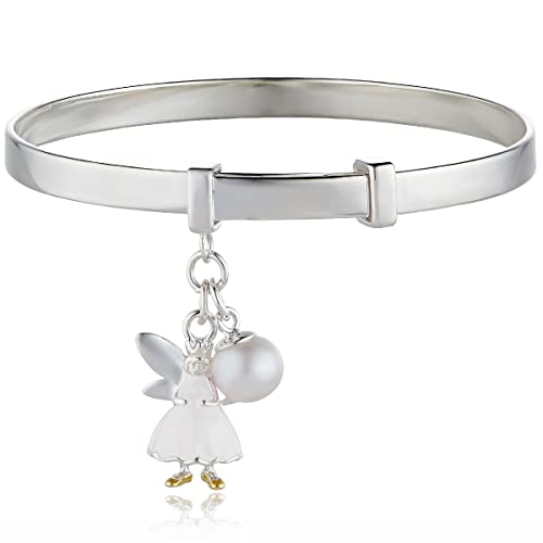 Image of Molly Brown London Personalised Snowdrop the White Fairy Bangle – Engraved Christening Bracelet for Girls – Pearl & Enamel Charm – 9ct Gold Vermeil Detail – Hallmarked 925 Silver