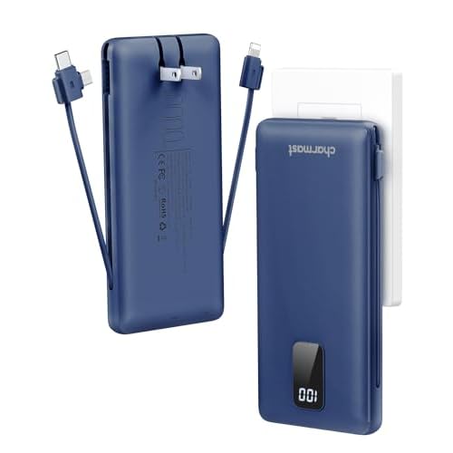 charmast Portable Charger with Built-in Cables and Plug, 10000mAh USB C Power Bank Fast Charging, External Battery Pack Slim, Travel Essentials Compatible with iPhones, Samsung Galaxy, iPad
