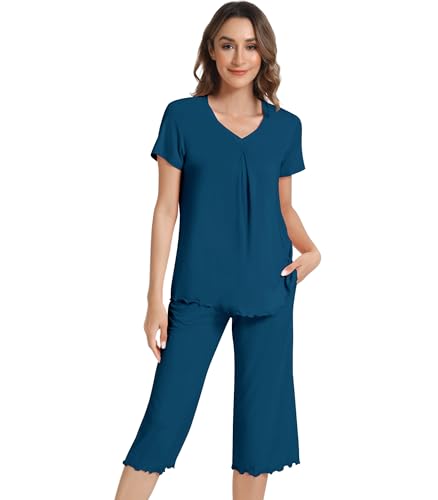 Image of NACHILA Women's Pajama Sets Cooling Bamboo Viscose V-Neck Top & Capri Pants | Lightweight, Breathable, Moisture-Wicking, Buttery Soft, Ideal for Hot Sleepers, Night Sweats and Hot Flashes, Sleep & Lounge