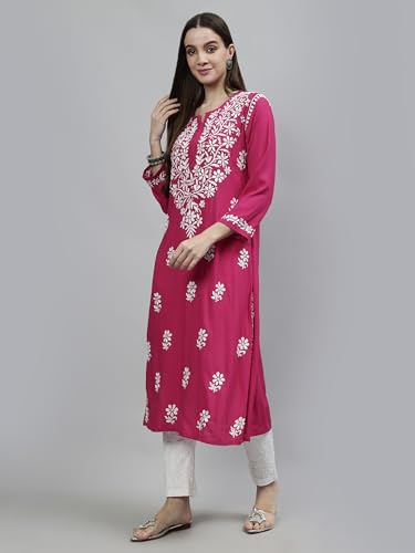 Image of Seva Chikan Hand Embroidered Lucknowi Chikankari Rayon Straight Kurta for Women SCL4532