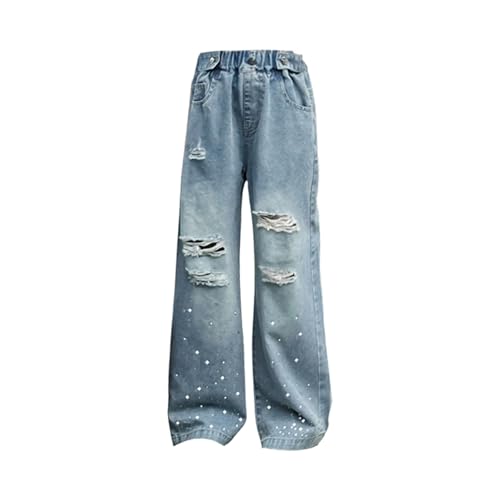 Girls Cute Print Pants Distressed Baggy Wide Leg Denim Trousers Teen Ripped Elastic Waisted Straight Leg Jeans