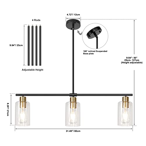 Kmaipem Kitchen Island Lighting, 3 Lights Industrial Pendant Light With Glass Shades, Modern Island Lights For Kitchen Dining Room Living Room Bar Pool Table Light, Black And Gold Chandelier #TOP5