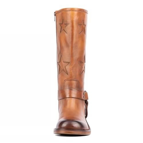 Image of Goolita Women's Buckle Biker Knee High Boots Square Toe Chunky Heel Star Moto Mid Calf Boots Slip On Motorcycle Riding Boot
