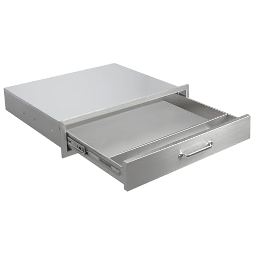 Image of Outdoor Kitchen Drawers 30 inch W x 6.5 inch H x 23 inch D Flush Mount BBQ Single Drawers with Divider,Built-in Stainless Steel Drawer with Chrome Handle for Outdoor Kitchen Island Patio Grill Station
