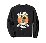 Tu cherches un motif de surf sympa ? Cette illustration combine des palmiers avec un coucher de soleil et le slogan ''New London - where the waves calm my soul''.