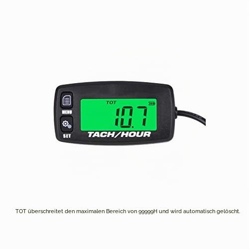NInE-ROnG Betriebsstundenzähler Drehzahlmesser für Mäher Generator | Gesamtstunden, JOB-Timer, Service-Countdown, RPM und Max-Speicher, 8 Zündmuster, für Mäher, Außenborder, ATV