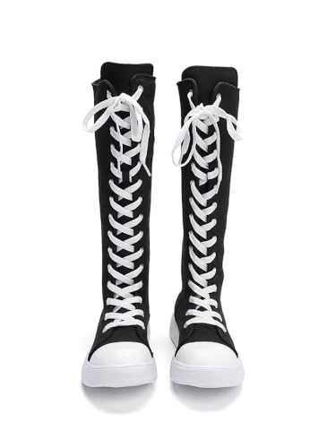 Women’s Canvas Knee High Platform Lace Up Sneakers Boots with Comfort Walking and Zipper Design