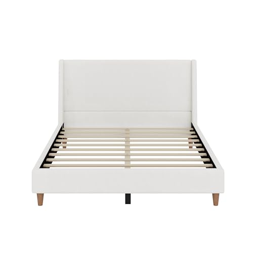 Image of Merax Solid Wood Queen Size Boucle Bed Frame with Wingback Headboard, Modern Upholstered Platform with Walnut Wooden Legs, Strong Wooden Slats, No Box Spring Needed, Easy Assembly, Noise-Free, White