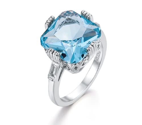 Awmnjtmgpw 925 Sterling Silver Cut Aquamarine Cubic Zircon Blue Topaz Four Claw Engagement Wedding Ring Size 6-10 (Size 9)