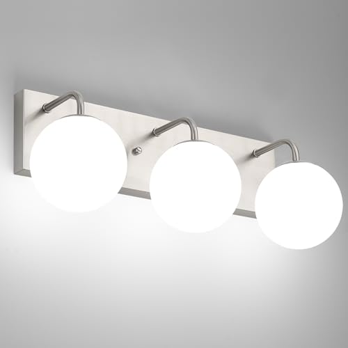 Image of Bathroom Light Fixtures, 3-Light Brushed Nickel Vanity Lights Bathroom Lighting Fixtures Over Mirror, Modern Wall Sconces Wall Lighting with Globe Frosted Milk Glass Shades