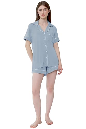 Image of Cherrydew Women Bamboo Viscose Super Soft Comfy Summer Cooling Short Sleeve Button Down Pajama Shorts Set S-XXL