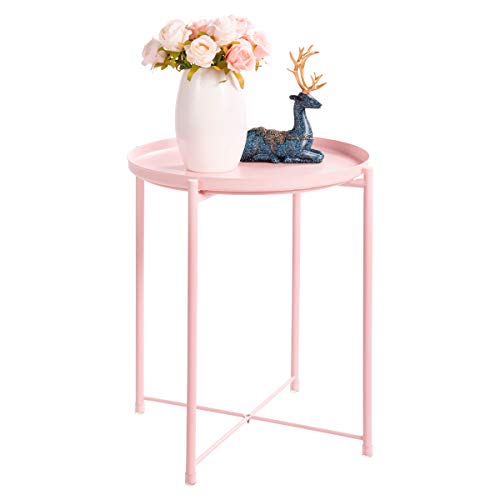 HollyHOME Tray Metal End Table, Sofa Table Small Round Side Tables, Anti-Rust