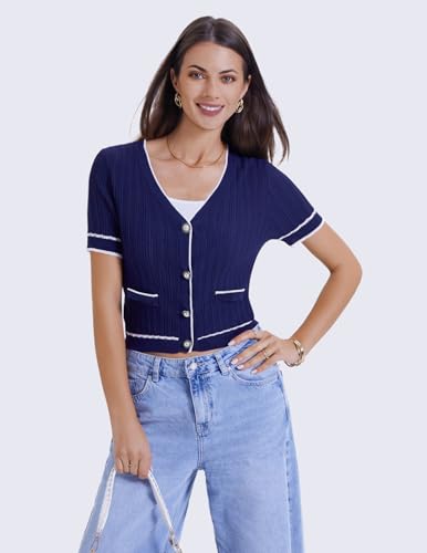 DRESSTELLS Women Cardigan Sweater Summer 2025, V Neck Lightweight Button Down Shirt, Ribbed Cropped Casual Top3