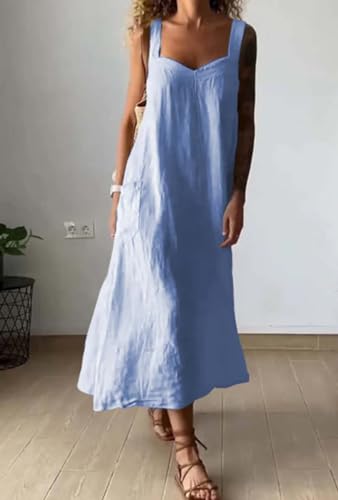 Image of chouyatou Women's Summer Spaghetti Strap Sleeveless Linen Overall Dress Casual A-Line Midi Long Beach Dress