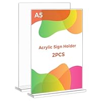 Thboxes Acrylic Sign Holder, 2 Pack T-Shaped Double-Side Display Stand Poster Holder Clear Menu Holders for Office, Hotel Store Restaurant