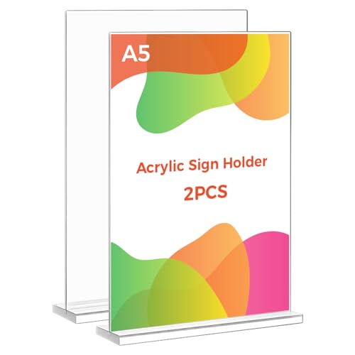 Thboxes A5 Acrylic Sign Holder, 2 Pack T-Shaped Double-Side Display Stand Poster Holder Clear A5 Menu Holders for Office, Hotel Store Restaurant