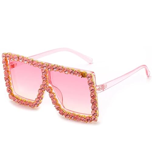 Lunettes de soleil surdimensionnées monture vintage en strass et verres facettés roses