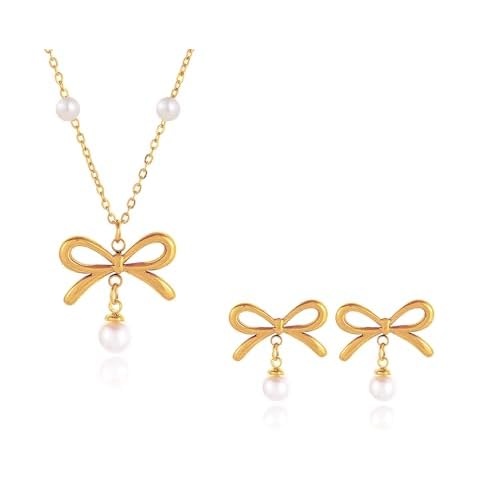 ONBRIG Pearl Jewelry Set for Women Bow Earrings and Necklace Set Gold Jewelry Set for Women Pearl Bow Earrings Wedding Jewelry Sets for Brides (Gold) Cover
