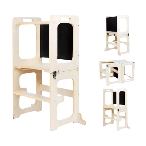 Image of Montessori Mission 4-in-1 Kitchen Tower, Foldable Toddler Step Stool with Chalkboard, Desk, Table & Chair, Standing Tower Kitchen Stool for Toddlers & Kids 1-6 Years Old, Onesize