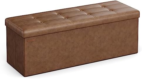 SONGMICS Mazie Collection - 43 Inches Folding Storage Ottoman Bench, Ottoman with Storage, Foot Rest Stool, Load 660 lb, Living Room, Bedroom, Entryway, Synthetic Leather, Coffee Brown ULSF070K01