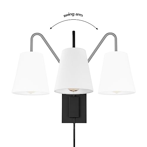 Image of Globe Electric 1-Light Matte Black Swing Arm Plug-in or Hardwire Wall Sconce with White Fabric Shade