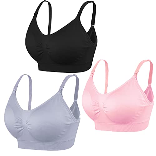 COLOMI Lot de 3 soutiens-gorge d'allaitement sans armatures pour femme, Noir + gris + rose - Lot de 3, XL Cover