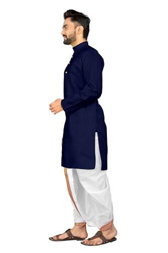 Image of UNIQUE MOMENTS Men's Cotton Dhoti Kurta Set with Full Sleeves Solid Pattern Modern Style and Mandarin Collar Neck | Perfect for Puja & Celebrations