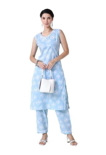 Image of LIBOZA Cotton Kurta Sets for Woman, Straight Sleeveless Kurti Set for Women, Festive Kurtis Pant Suit Kurtas Office Wear Trendy Stylish Designer