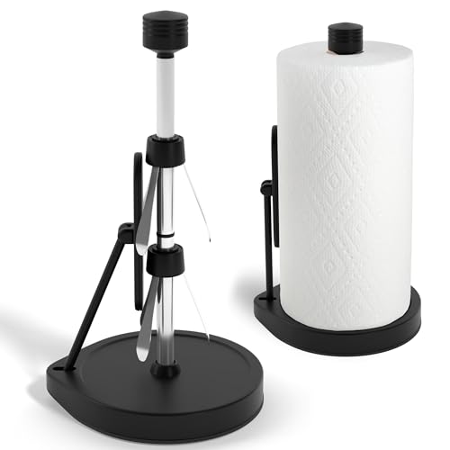 Stainless Steel Tension Arm Paper Towel Holder - Easy One-Handed Operation - This Sturdy Weighted Paper Towel Dispenser Countertop Model Has Suction Cups and Holds All Paper Towel Rolls (Black)