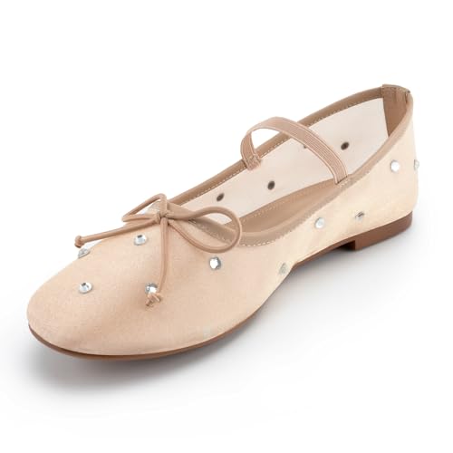 Gradinery Zapatos planos de malla con diamantes de imitación, banda elástica de punta redonda, zapatos planos de ballet Mary Jane, zapatos planos de bailarina de moda casual, Beige, 38 EU