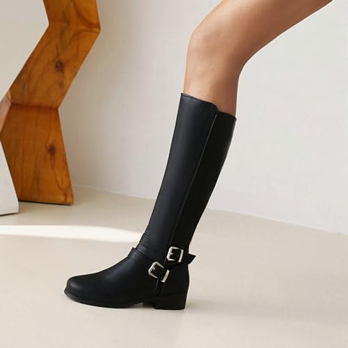 Women's Stretch Knee High Boots Low Block Heel Buckle Strap Classic Tall Riding Boots Side Zipper Casual Fashion Winter Boots2