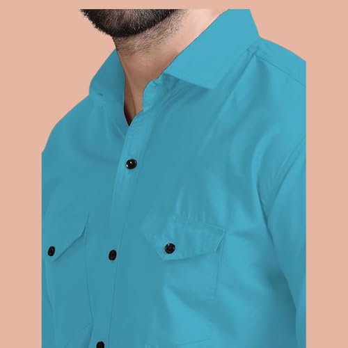 Image of Double Pocket Men's Casual Shirt - Regular Fit, Solid Spread Collar, Versatile Everyday Wear, Comfortable and Stylish Design, Ideal for All Seasons Dark Firozi