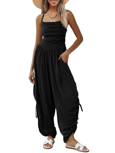 Fisoew Womens Casual Jumpsuits Summer Halter Straps Sleeveless Overalls Ruched Barrel Wide Leg Side-Cinch Long Pant Rompers