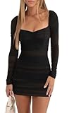 Memoriesea Women's Sexy Mesh Square Neck Long Sleeve Ruched Bodycon Party Club Mini Dress Black