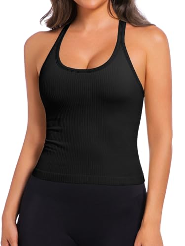 Built in Bra Tank Tops for Women Scoop Neck Longline Workout Tank Top Ribbed Seamless Yoga Racerback Tank Shirts