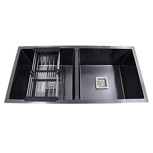 Image of COOTER Kitchen Sink 37 inch x 18 inch x 10 inch 304 Grade Stainless Steel Handmade Double Bowl Black Sink for Kitchen Basin Brushed Matte Finish Including Coupling Drain Basket Hose Pipe Kitchen Sinks