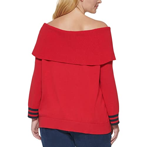 Image of Tommy Hilfiger Womens Plus Striped Hem Cowl Neck Pullover Sweater Red 1X