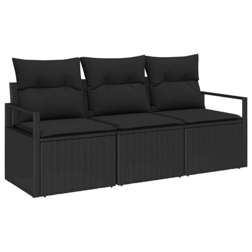 vidaXL 3-teiliges Garten-Sofa-Set mit Kissen in Schwarz aus Poly-Rattan, wetterfest, perfekt für draußen, höhenverstellbare Füße, modulares Design, Lounge-Set, Sitzgelegenheit für die Terrasse
